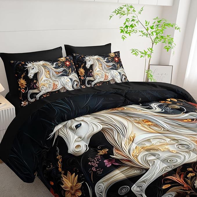 7 Piece Horse Comforter Set Full Size，Full Size Horse Quilt Bedding Set，(1 Comforter, 1 Flat Sheet, 1 Fitted Sheet, 2 Pillowcase and 2 Pillow Sham)