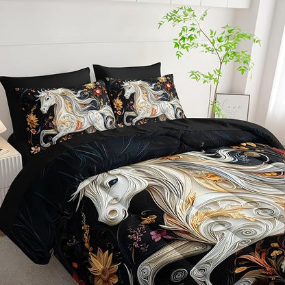 7 Piece Horse Comforter Set Full Size，Full Size Horse Quilt Bedding Set，(1 Comforter, 1 Flat Sheet, 1 Fitted Sheet, 2 Pillowcase and 2 Pillow Sham)
