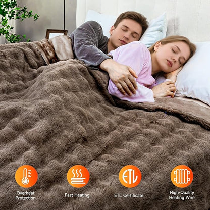 Heated Blanket Electric Throw- 50"x60" Soft Thick Bubble Electric Blanket for Sofa with 5 Heat Levels & 4 Hours Auto-Off Overheat Protection, Warm Cozy Gifts, Beige