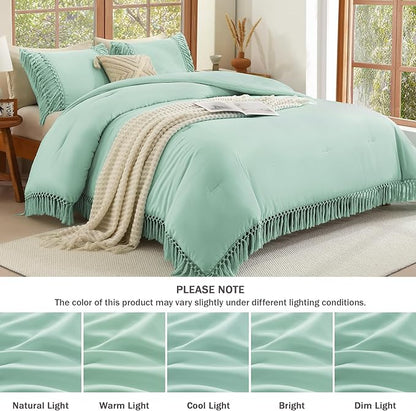 Andency Comforter Full Size Set Mint, Boho Lightweight Vintage Soft Bedding Comforter Sets, 3 Pieces Bed Set (79x90In Comforter & 2 Pillowcases)
