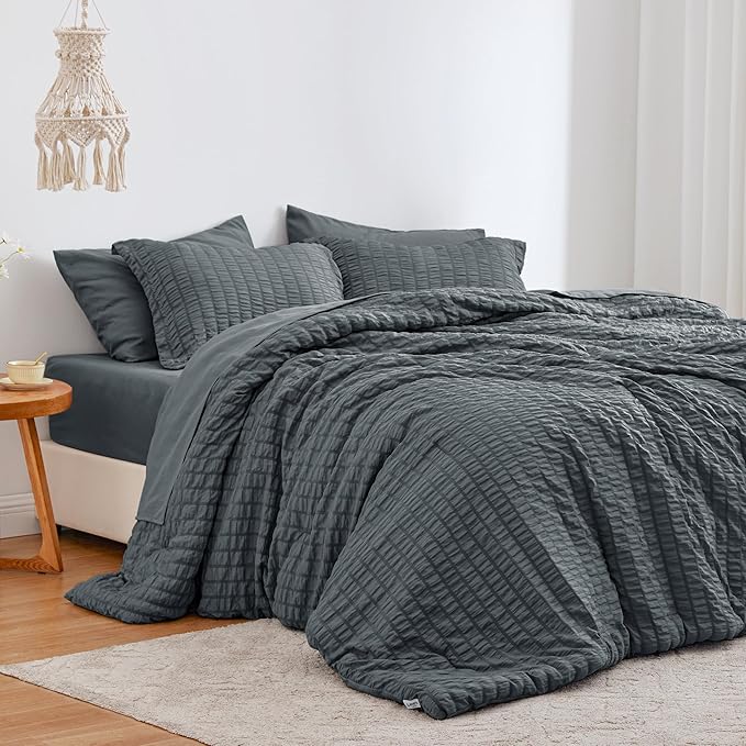 Love's cabin Seersucker Charcoal Grey California King Comforter Set, 7-Piece All Season Lightweight Bed in a Bag Bedding Set with Comforter, Flat Sheet, Fitted Sheet, Pillowcases and Shams | Soft, Breathable, Lightweight
