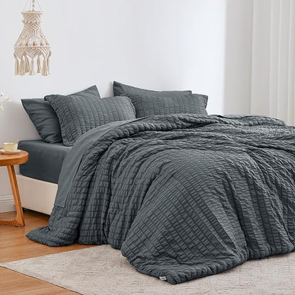 Love's cabin Seersucker Charcoal Grey Twin XL Comforter Set, 5-Piece All Season Lightweight Bed in a Bag Bedding Set with Comforter, Flat Sheet, Fitted Sheet, Pillowcase and Sham | Soft, Breathable, Lightweight