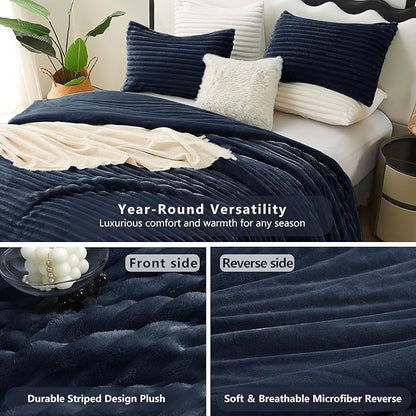 CozyLux Fluffy Queen Comforter Set - Super Soft Faux Fur Navy Blue Comforter Queen Size, Winter Warm Fleece Bedding Set, 3 Pieces Plush Fuzzy Bed Set (1 Shaggy Comforter, 2 Pillowcases)