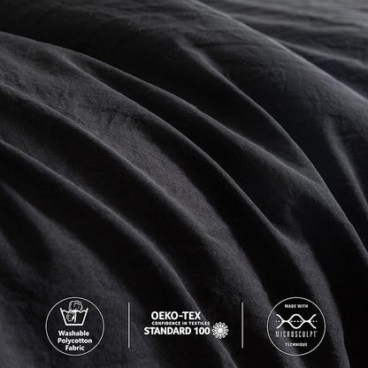 COTTEBED Solid Chic Black Comforters Sets Queen Size Bedding - 3 Pieces Lightweight Silky Soft Cozy Washed PolyCotton Microfiber - 1 Down Alternative Conforter with 2 Pillow Sham All Season,Queen/Full