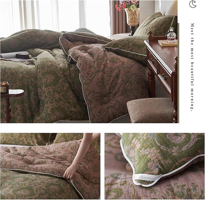 mixinni Muslin Cotton Vintage Olive Green Floral Comforter Set Twin XL Size 3pcs Yarn Dyed Jacquard Weave Paisley Pattern Bedding Comforter Soft Breathable Bedding Sets for All Season-Twin XL Size