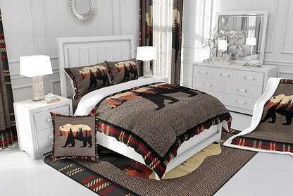 Erosebridal Hunting Bear Comforter Set Twin,Rustic Farmhouse Bedding Comforter Set,Buffalo Plaid Grid Bedding Set for Boys Girls,Kids Woodland Wild Animals Duvet Set Cabin Lodge Decor,Orange Grey