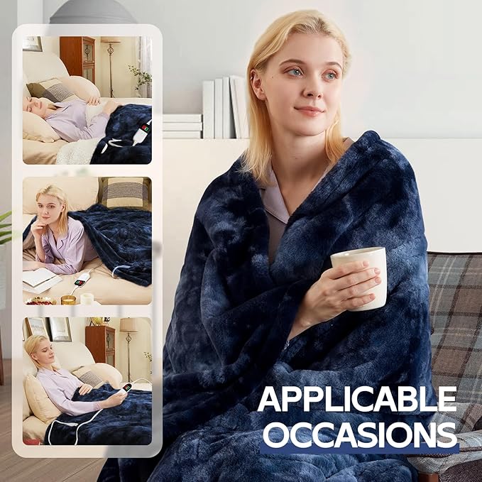 MAXEVE Electric Heated Throw Faux Rabbit Fur Blanket with 8 Heating Levels & 8H Auto Off, Fast Heating Warm Cozy Sherpa Washable Blanket with Over-Heat Protection, ETL Certification, Blue