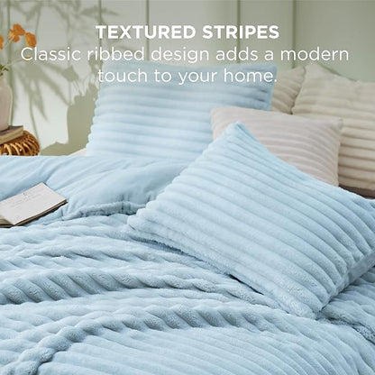 Bedsure King Size Comforter Set - GentleSoft™ 3 Pieces Fluffy Double-Side Fleece Comforter Set, Cozy Striped Room Decor Aesthetic, Luxury Light Blue King Bedding with 2 Pillowcases, 104x90 Inches