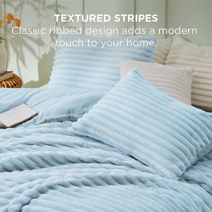 Bedsure Queen Comforter Set - GentleSoft™ 3 Pieces Fluffy Double-Side Fleece Comforter Set, Cozy Striped Room Decor Aesthetic, Luxury Light Blue Bedding Queen Size with 2 Pillowcases, 90x90 Inches