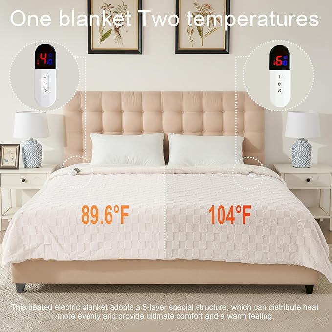 Electric Blanket Dual Control, Heated Blanket Flannel with 6 Heat Levels, 10 Time Settings, Soft Thicken Heating Blanket with ETL Certification, White, 84"× 90"