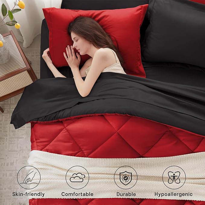 Anluoer King Comforter Set，Red and Black Bed in a Bag 7 Piece，Lightweight Bedding Set with Soft Down Alternative Fill，Bed Set Includes Comforter, Fitted Sheet, Flat Sheet，Pillowcases and Shams
