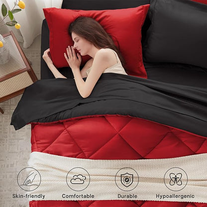 Anluoer King Comforter Set，Red and Black Bed in a Bag 7 Piece，Lightweight Bedding Set with Soft Down Alternative Fill，Bed Set Includes Comforter, Fitted Sheet, Flat Sheet，Pillowcases and Shams
