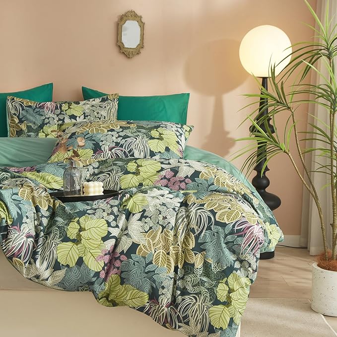 HighBuy Luxury Soft Comforter Set King Size Topical Green Leaves Cottagecore Comforter Set Fluffy Aesthetic Bedding Comforter Modern Style with 2 Pillowcases for Women Men