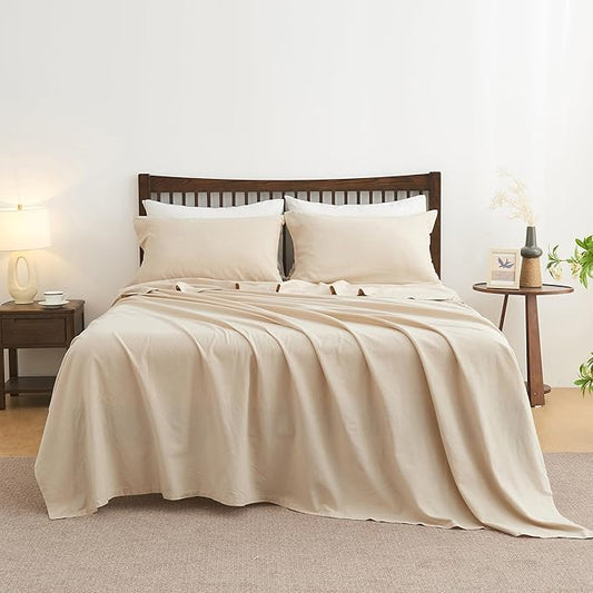 Simple&Opulence Belgian Linen Sheet Set Solid Color - 4 Pieces (1 Flat Sheet, 1 Fitted Sheet & 2 Pillowcases) Natural Flax Cotton Blend Soft Breathable Farmhouse Bedding - King Size, Linen/Beige