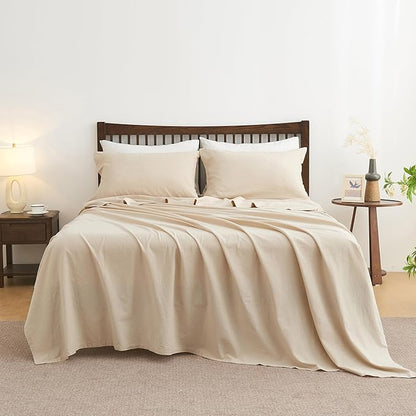 Simple&Opulence Belgian Linen Sheet Set Solid Color - 4 Pieces (1 Flat Sheet, 1 Fitted Sheet & 2 Pillowcases) Natural Flax Cotton Blend Soft Breathable Farmhouse Bedding - Full Size, Linen/Beige