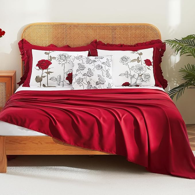 EVENHUG Queen Comforter Set 7 Pieces Lightweight Soft Queen Size Comforters for All Season Red Rose Floral Bedding Sets Bed in a Bag with Flat Sheet and Fitted Sheet Pillowcases (90"x90")