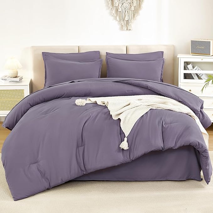 Litanika California King Comforter Set Grey Purple - 7 Pieces Bed in a Bag Cal King Bedding Comforter Sets, Plain Lightweight Bed Set with Comforter, Sheets, Pillowcases & Shams