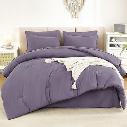 Litanika California King Comforter Set Grey Purple - 7 Pieces Bed in a Bag Cal King Bedding Comforter Sets, Plain Lightweight Bed Set with Comforter, Sheets, Pillowcases & Shams