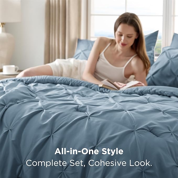 Bedsure Full Comforter Set Mineral Blue - Bed in a Bag Full Size Bedding Set 7 Pieces, GentleSoft™ Pintuck Bed Set Gift for Family, Pinch Pleat All Season Comforter with Sheets, Pillowcases & Shams