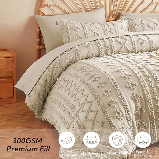 MR&HM Tufted Boho Comforter Set Queen, Linen Farmhouse Bedding Set, Bed in a Bag Set 7 Pieces with 1 Comforter, 2 Pillow Shams, 2 Pillowcases, 1 Flat Sheet, 1 Fitted Sheet for All Seasons