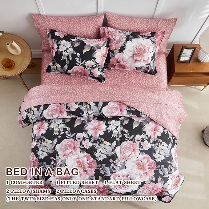 Joyreap 7 Piece Bed in a Bag Queen, Floral Comforter Sheet Set, Tie-dye Pink Flowers on Black Design, All Season Microfiber Bedding Comforter Set