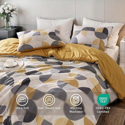 Stylish Three-Tone Printed Twin Size Comforter Set, 2 Pieces Ultra-Soft Microfiber Bedding Set, Warm and Cozy Comforter for All Seasons, Mustard Yellow & Grey