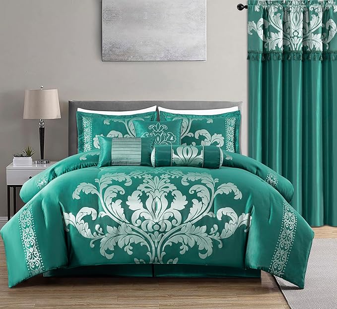 Chezmoi Collection 7-Piece Jacquard Floral Comforter Set (King, Green/Silver)