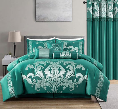 Chezmoi Collection 7-Piece Jacquard Floral Comforter Set (Queen, Green/Silver)