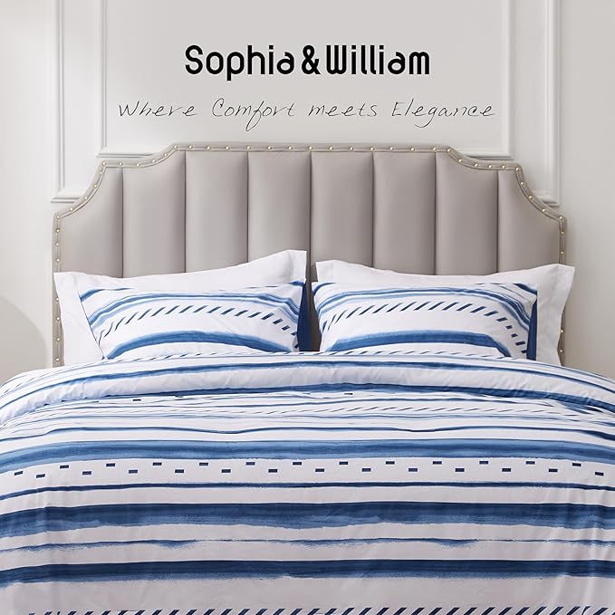 Sophia & William White and Blue Striped Comforter Set for All Season, 3 Pcs Cotton Bedding Comforter Set with Geometric Printed Comforter & 2 Pillowcases, King Size Lightweight Bedding Set