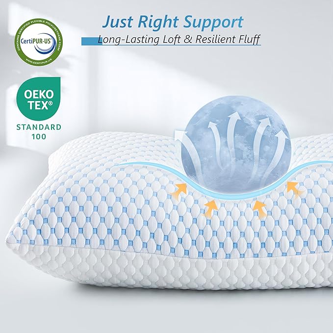 Cooling Firm Bed Pillows Set of 2, Shredded Memory Foam Pillows for Sleeping Luxury Gel Pillows for Side Back Stomach Sleepers with Removable Washable Cover(Blue, King(U.S. Standard))