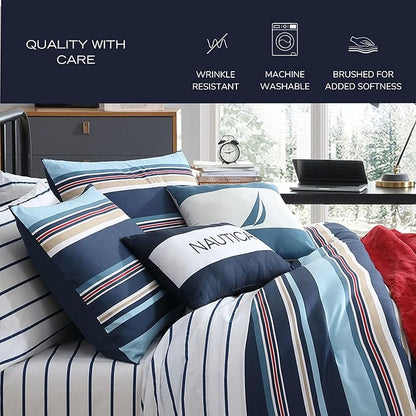 Nautica - Queen Comforter Set, Soft Woven Bedding with a Lightweight for Year Round Comfort, 5 Piece Bed Set with Matching Pillowcases & Bonus Throw Pillows (Colton Blue)