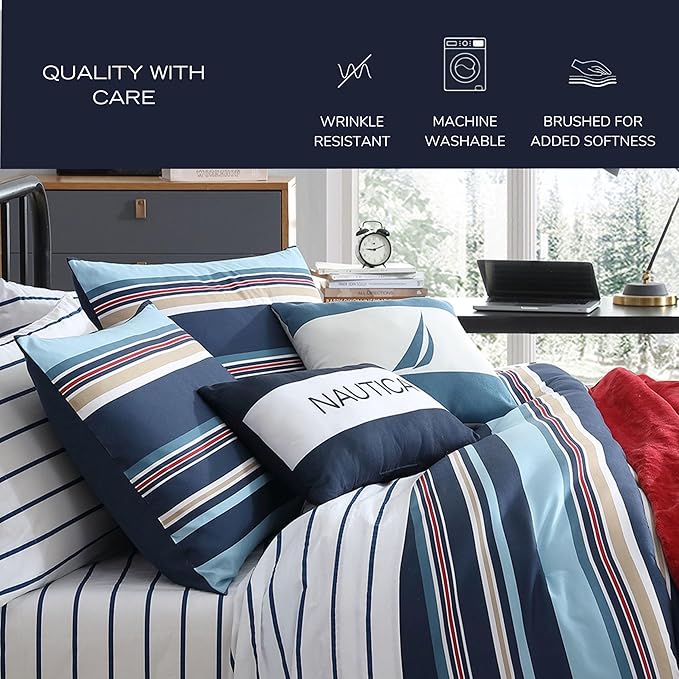 Nautica - King Comforter Set, Ultra Soft Bedding with a Woven Textured Feel, Medium Weight for Year Round Comfort, 5 Piece Bed Set with Matching Pillowcases & Bonus Throw Pillows (Colton Blue)