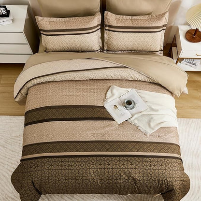 WONGS BEDDING Twin Comforter Set 6 Pieces, Brown Striped Bed in a Bag Comforter and Sheet Set, Soft Lightweight Micorfiber Bedding Set All Season for Kids Boys Teen (90"×90")