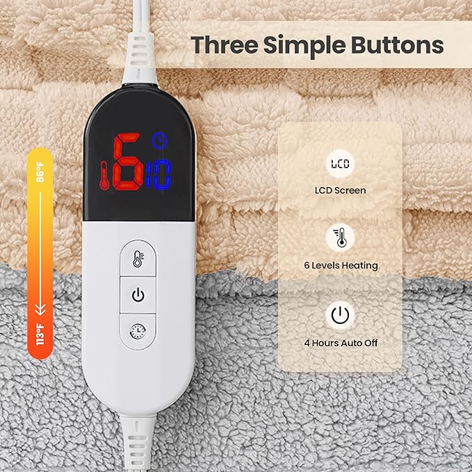 Heated Blanket 50x60 Inch Electric Blanket Throw Blanket with 6 Heat Settings and 1-4H Auto Off Timer, Machine Washable Soft Flannel Fleece for Couches, Beds Office (Beige)