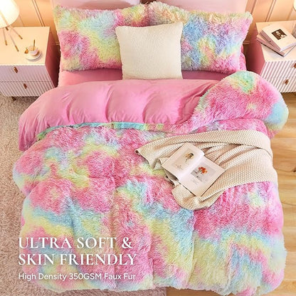 Andency Faux Fur Tie-Dyed Rainbow Comforter Set Full Size, 3 Pieces Fluffy Fuzzy Plush Bedding Comforter Set (1 Shaggy Velvet Comforter & 2 Pillowcases), Soft Puffy Down Comforter Bedding Set