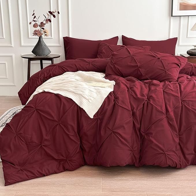 Maple&Stone Burgundy Comforter Set Queen, 7 Pieces Bed in a Bag Queen, Pintuck Bedding Sets with Comforter, Sheets, Pillowcases & Shams - Burgundy