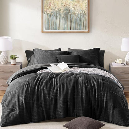 MaiRêve Queen Comforter Set Black, Textured Design Crinkle Bedding Sets 7 Pieces, All Season Bed in A Bag with Comforter, Sheets, Pillowcases & Shams
