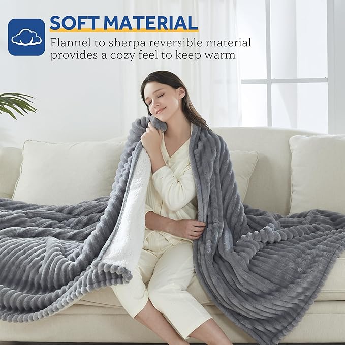 Sealy Electric Blanket Twin Size, Soft Ribbed Flannel to Sherpa Reversible Heated Blanket with 10 Heat Settings & 1 to 12 Hours Auto-Off Overheat Protection Machine Washable, 62"x84" Light Grey
