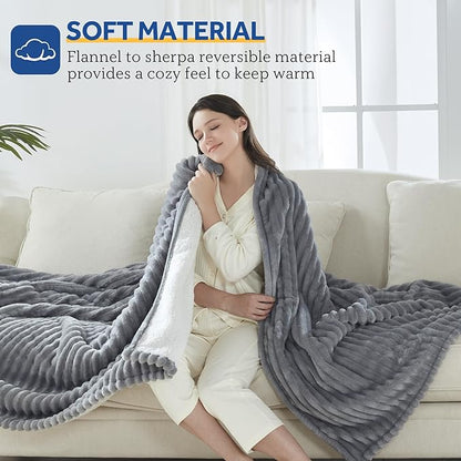 SEALY Electric Blanket Queen Size, Soft Ribbed Flannel to Sherpa Reversible Heated Blanket with Dual Control 10 Heat Settings & 1 to 12 Hours Auto-Off 84"x90" Machine Washable, Light Grey