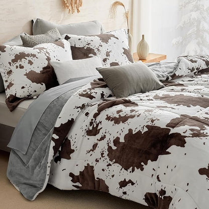 Petrichor Velvet Flannel Twin Comforter Set-Cow Print Western Style Blanket,Luxury Fuzzy Heavy Bedding Set, 2 Pieces Plush Winter Bed Set with Comforter (68"x88") & 1 Pillow Shams (20"x26")