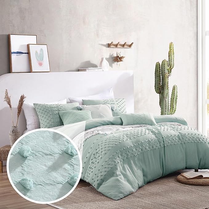 Swift Home Layla 100% Cotton Washed Clip Jacquard Gauze 5-Piece Bedding Comforter Set, All Season & Breathable, Oeko-TEX Certified – Pistachio, Full/Queen