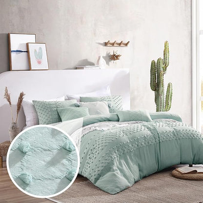 Swift Home Layla 100% Cotton Washed Clip Jacquard Gauze 5-Piece Bedding Comforter Set, All Season & Breathable, Oeko-TEX Certified – Pistachio, Full/Queen