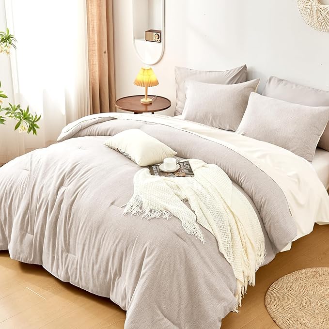 DECMAY Twin Comforter Set with Sheets, 5 Pieces Twin Comforter Set, Cationic Dyeing Bed in a Bag Bedding Set with Comforter, Flat Sheet, Fitted Sheet, Pillowcase and Pillow Sham (Twin, Gream) | twin comforter set, twin bedding set, twin bed in a bag