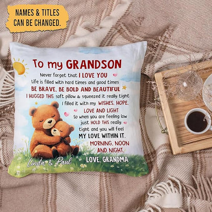 Hyturtle Personalized Grandson Pillow (Insert Included) Gifts from Grandma - Birthday Graduation for Grandson - Cute Bear Custom Name Sofa Couch Cushion Home Decor Pillow