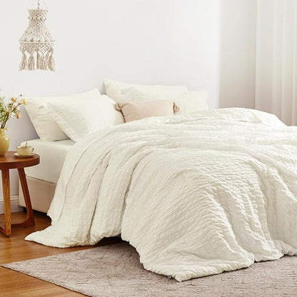 Love's cabin Seersucker Ivory Queen Comforter Set, 7-Piece All Season Lightweight Bed in a Bag Bedding Set with Comforter, Flat Sheet, Fitted Sheet, Pillowcases and Shams | Soft, Breathable, Lightweight