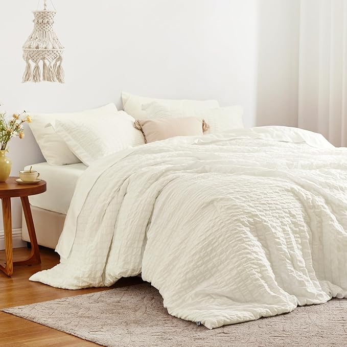 Love's cabin Seersucker Ivory Twin Comforter Set, 5-Piece All Season Lightweight Bed in a Bag Bedding Set with Comforter, Flat Sheet, Fitted Sheet, Pillowcase and Sham | Soft, Breathable, Lightweight