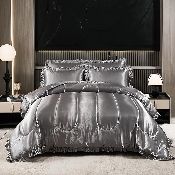Satin Queen Comforter Set Silk Like Satin Bedding Set 4 Pcs Hotel Soft Polyester Grey Bed Set Luxury Silky Body Pillow Cover Ruffle Down Comforter Home Decor