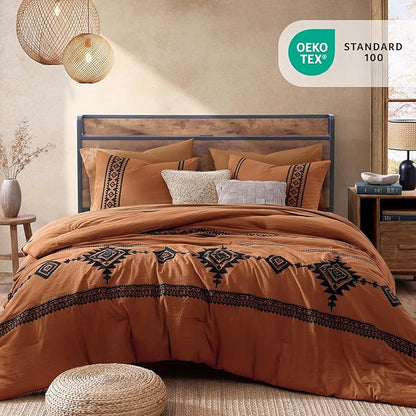 MaiRêve Embroidery Comforter Set, Boho Farmhouse Western Bedding Set, All Season Bed in A Bag Comforter Set with Sheets, Pillowcases & Shams, Burnt Orange Oversized Queen 7 Pieces