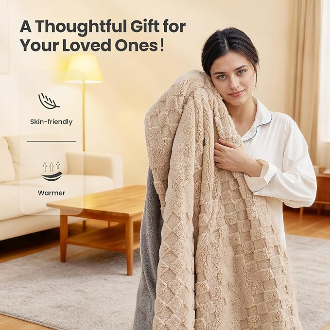 Heated Blanket 50x60 Inch Electric Blanket Throw Blanket with 6 Heat Settings and 1-4H Auto Off Timer, Machine Washable Soft Flannel Fleece for Couches, Beds Office (Beige)