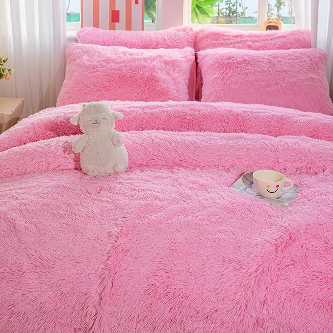 chovy Faux Fur Plush Pink Comforter Sets Full/Queen - Ultra Soft Shaggy Flannel Velvet Fluffy Fuzzy 3PC Bedding Sets （Comforter x 1 Pillowcases x 2）